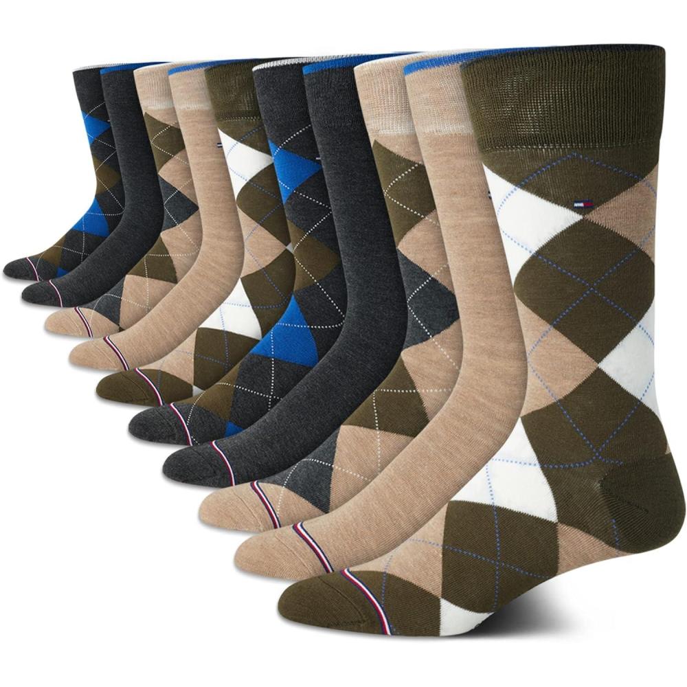 imageTommy Hilfiger Mens Casual Soft Cotton Blend Crew Socks  10 PackKhaki Argyle