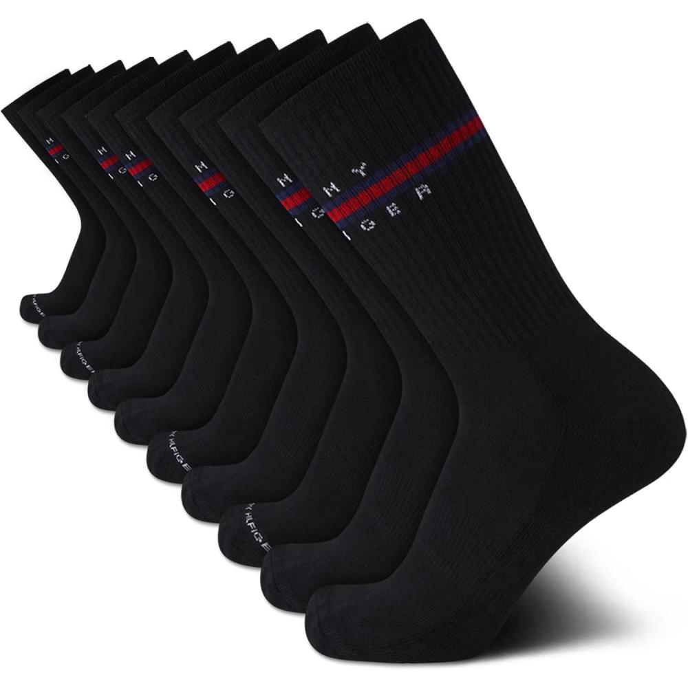 imageTommy Hilfiger Mens Crew Socks 10 Pack Moisture Wicking Cushioned Crew Running Socks for Men for Sports ampamp WorkoutAll Black
