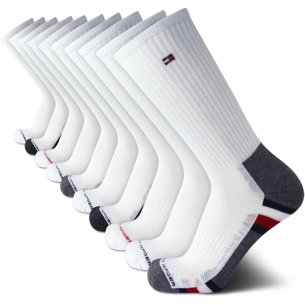 imageTommy Hilfiger Mens Crew Socks 10 Pack Moisture Wicking Cushioned Crew Running Socks for Men for Sports ampamp WorkoutWhiteRed Stripe
