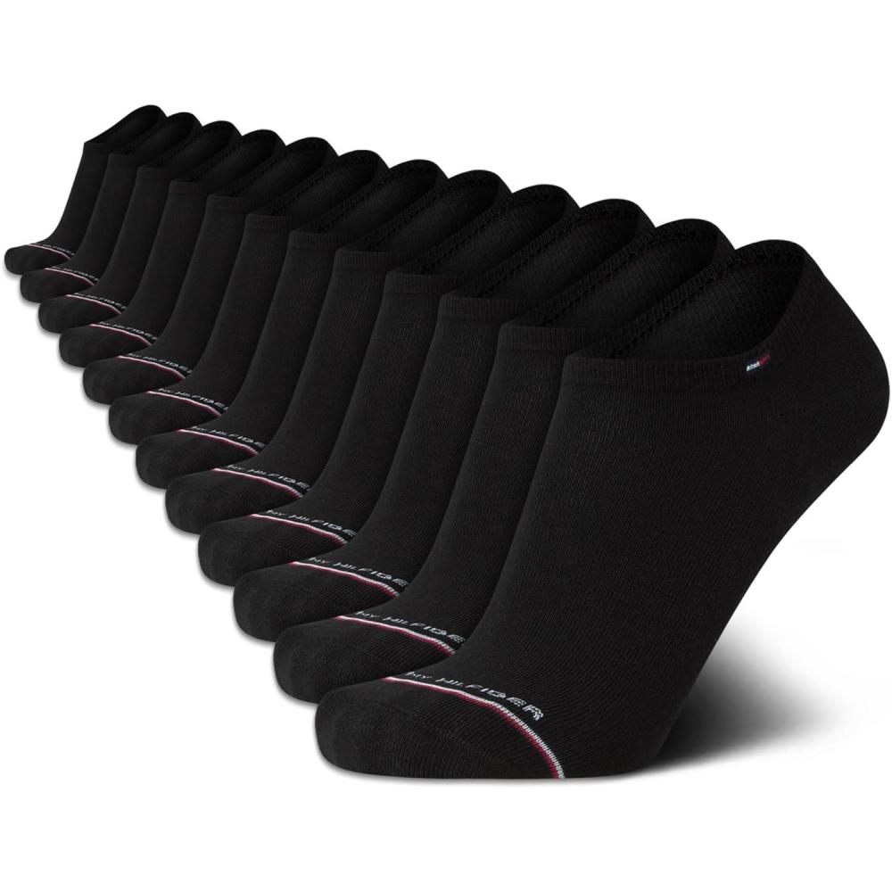 imageTommy Hilfiger Mens No Show Socks 10 Pack Cotton Blend Performance Stretch Athletic Invisible Liner Low Cut Socks for MenBlack Stripe 12pk