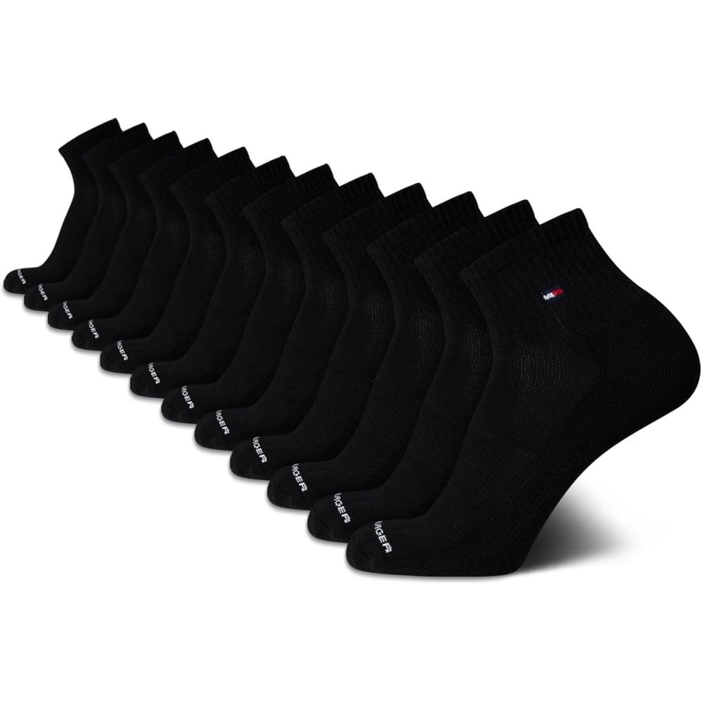 imageTommy Hilfiger Mens Quarter Socks 12 Pack Cotton Blend Athletic Performance Cushioned Ankle Socks for Men with Arch SupportBlack