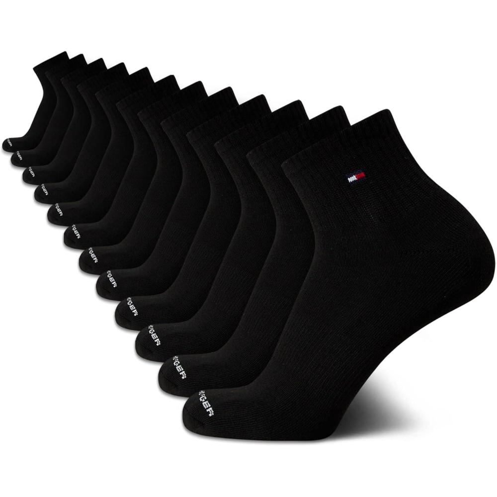 imageTommy Hilfiger Mens Quarter Socks 12 Pack Cotton Blend Athletic Performance Cushioned Ankle Socks for Men with Arch SupportBlack Flag