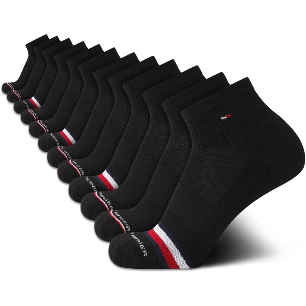 imageTommy Hilfiger Mens Quarter Socks 12 Pack Cotton Blend Athletic Performance Cushioned Ankle Socks for Men with Arch SupportCoal Black
