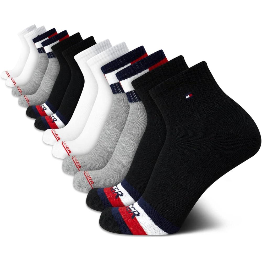imageTommy Hilfiger Mens Quarter Socks 12 Pack Cotton Blend Athletic Performance Cushioned Ankle Socks for Men with Arch SupportGrey Heather Assorted