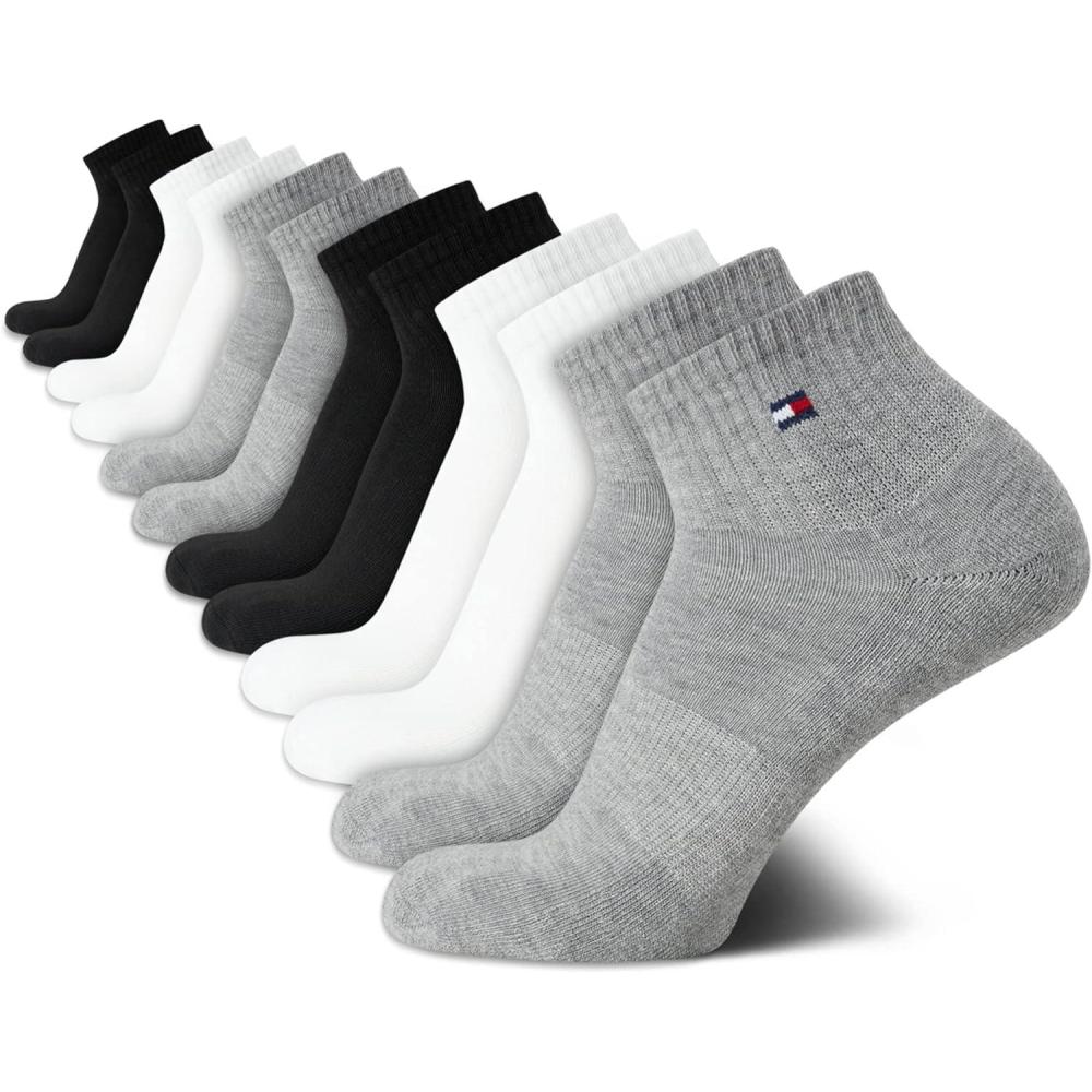 imageTommy Hilfiger Mens Quarter Socks 12 Pack Cotton Blend Athletic Performance Cushioned Ankle Socks for Men with Arch SupportGreyWhBlack