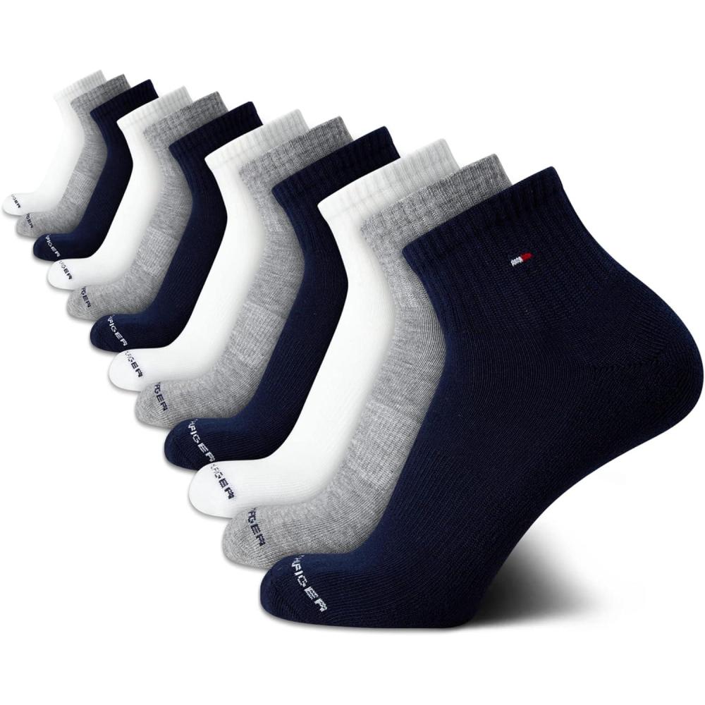 imageTommy Hilfiger Mens Quarter Socks 12 Pack Cotton Blend Athletic Performance Cushioned Ankle Socks for Men with Arch SupportNavy Multi