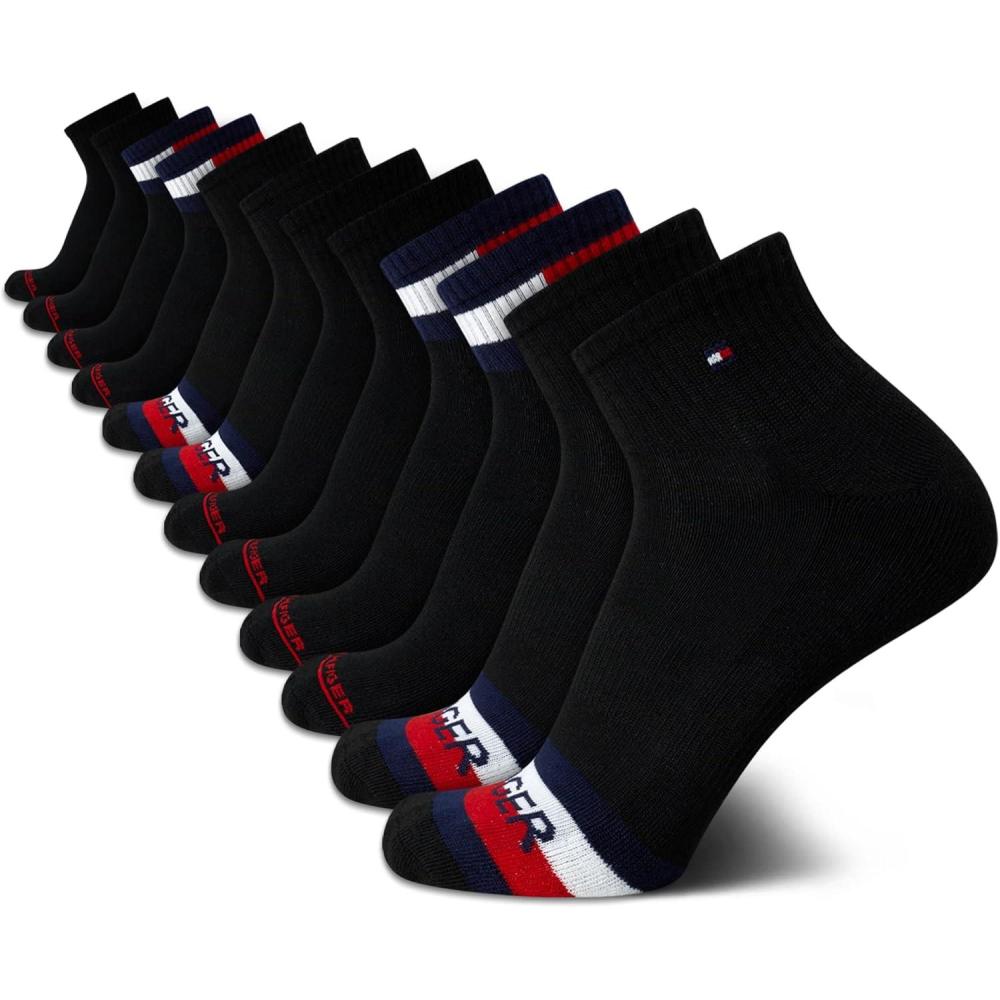 imageTommy Hilfiger Mens Quarter Socks  12 Pack Cotton Blend Athletic Performance Cushioned Ankle Socks for Men with Arch SupportPremium Black