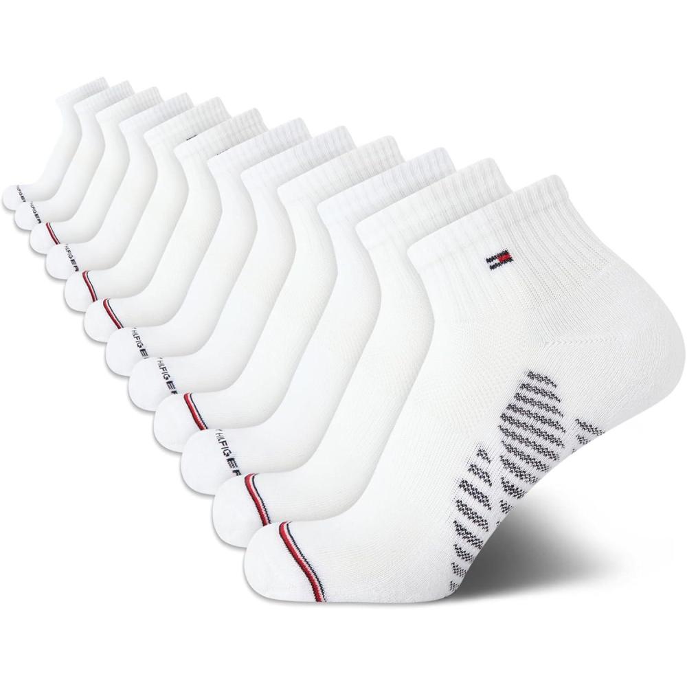 imageTommy Hilfiger Mens Quarter Socks 12 Pack Cotton Blend Athletic Performance Cushioned Ankle Socks for Men with Arch SupportPremium White