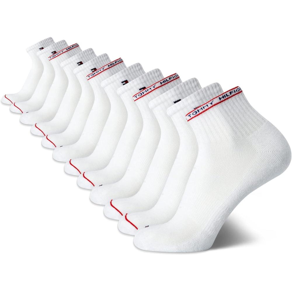 imageTommy Hilfiger Mens Quarter Socks 12 Pack Cotton Blend Athletic Performance Cushioned Ankle Socks for Men with Arch SupportPure White