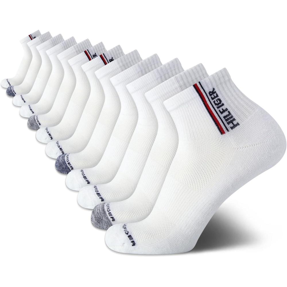 imageTommy Hilfiger Mens Quarter Socks 12 Pack Cotton Blend Athletic Performance Cushioned Ankle Socks for Men with Arch SupportWhite Assorted