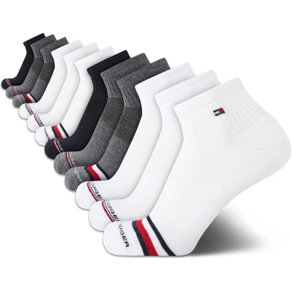 imageTommy Hilfiger Mens Quarter Socks 12 Pack Cotton Blend Athletic Performance Cushioned Ankle Socks for Men with Arch SupportWhite Multi