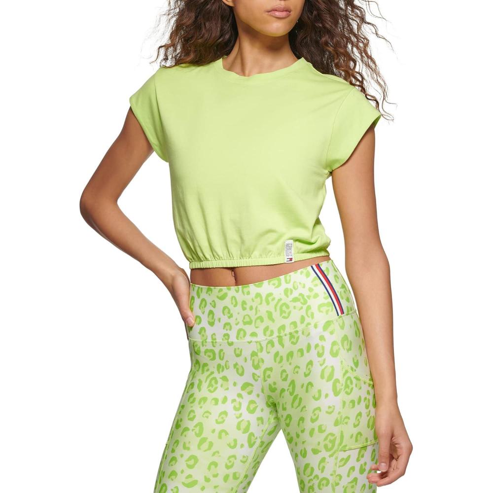 imageTommy Hilfiger Womens Cap Sleeve Crewneck Elastic Waist Cropped TShirtSharp Green