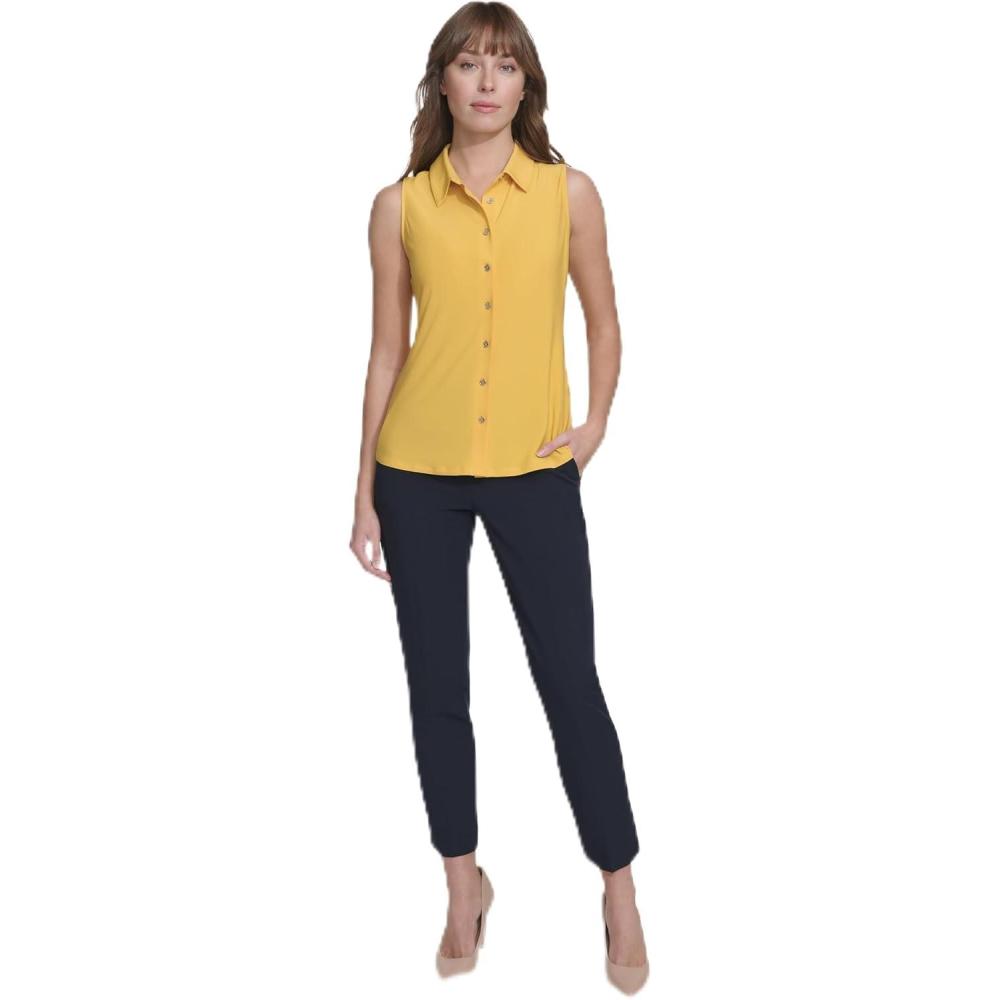 imageTommy Hilfiger Womens Classic Collared Button Front SleevelessKnit TopDeep Maize