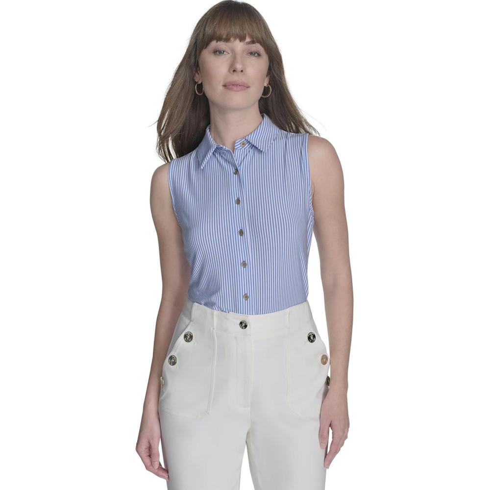imageTommy Hilfiger Womens Classic Collared Button Front SleevelessKnit TopFrench Blue Ivory
