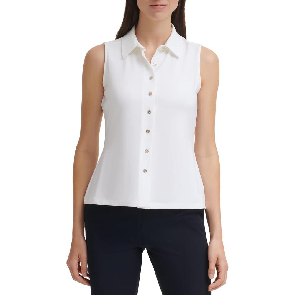 imageTommy Hilfiger Womens Classic Collared Button Front SleevelessKnit TopIvory
