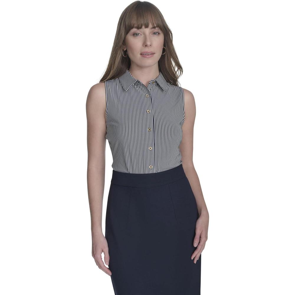 imageTommy Hilfiger Womens Classic Collared Button Front SleevelessKnit TopMidnight Ivory