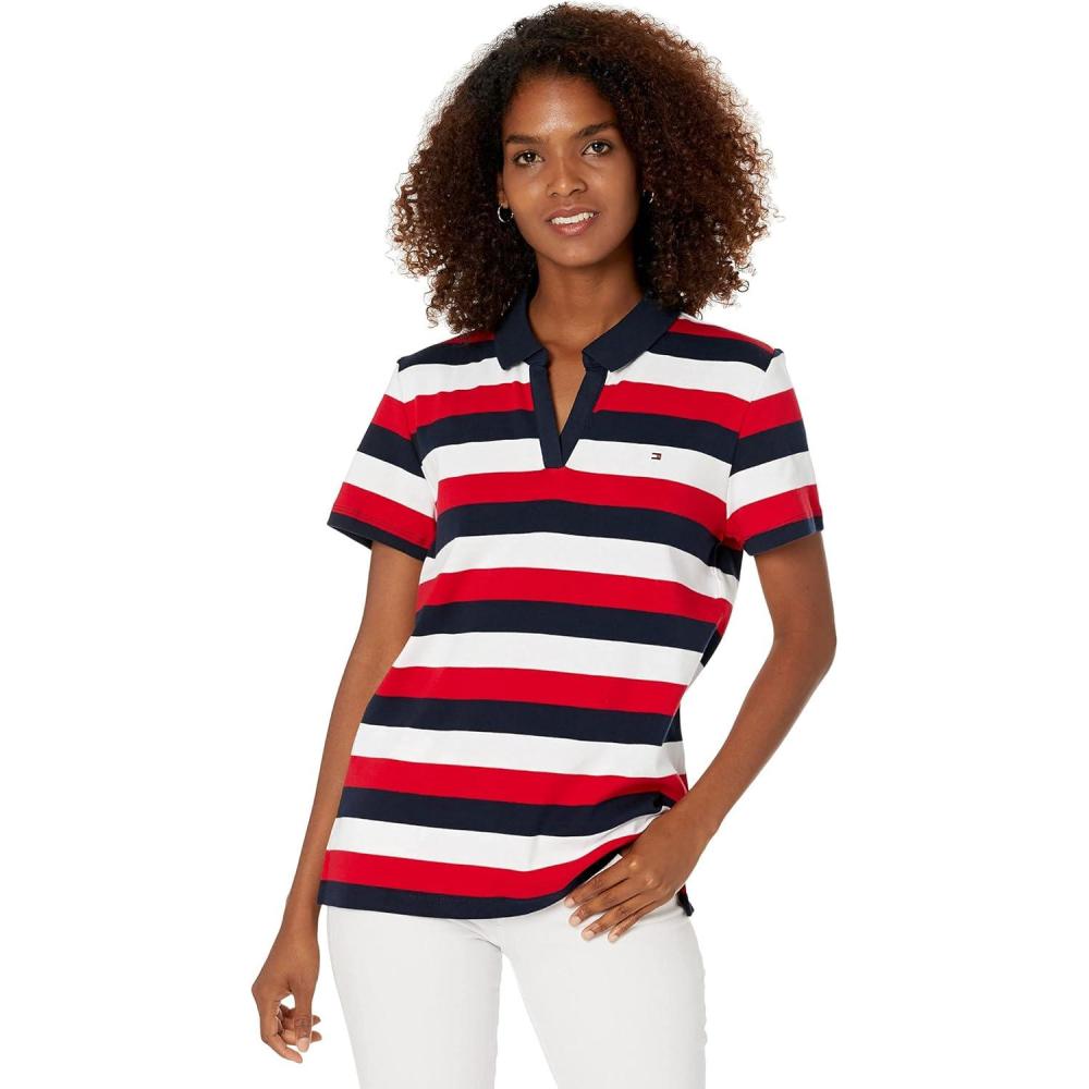 imageTommy Hilfiger Womens Classic Short Sleeve Core Pique Polo Standard and Plus SizeSky Captain Bright White Scarlet