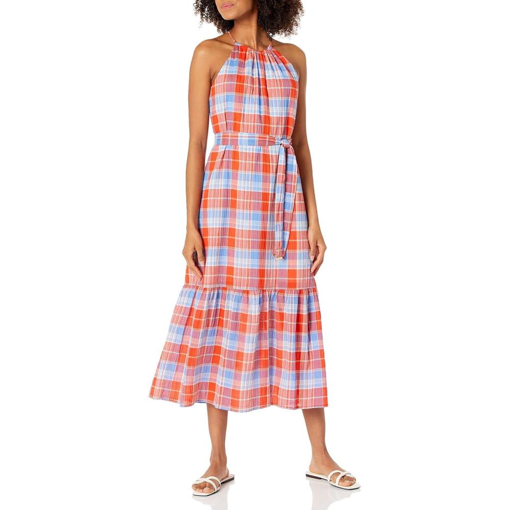 imageTommy Hilfiger Womens Halter Neck Tie Waist Tiered Midi DressGrenadineFrench Blue