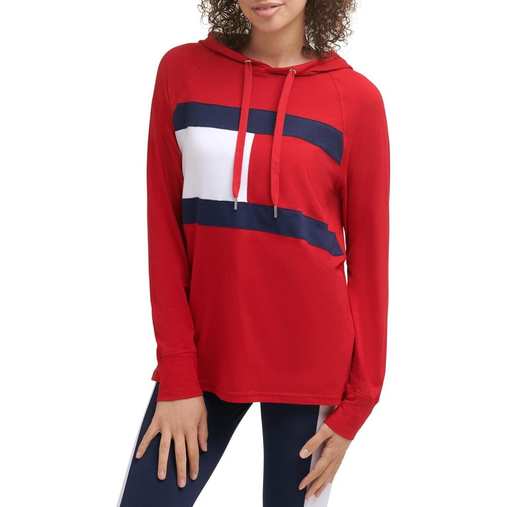 imageTommy Hilfiger Womens Large Flag Logo Lightweight Hoodie SweatshirtRich Red