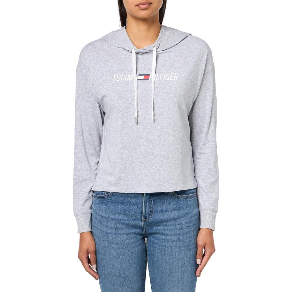 imageTommy Hilfiger Womens Lightweight Logo Hoodie SweatshirtPearl Heather Grey
