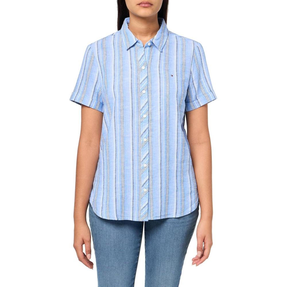 imageTommy Hilfiger Womens Linen Pocket Logo Camp ShirtBlue Multi
