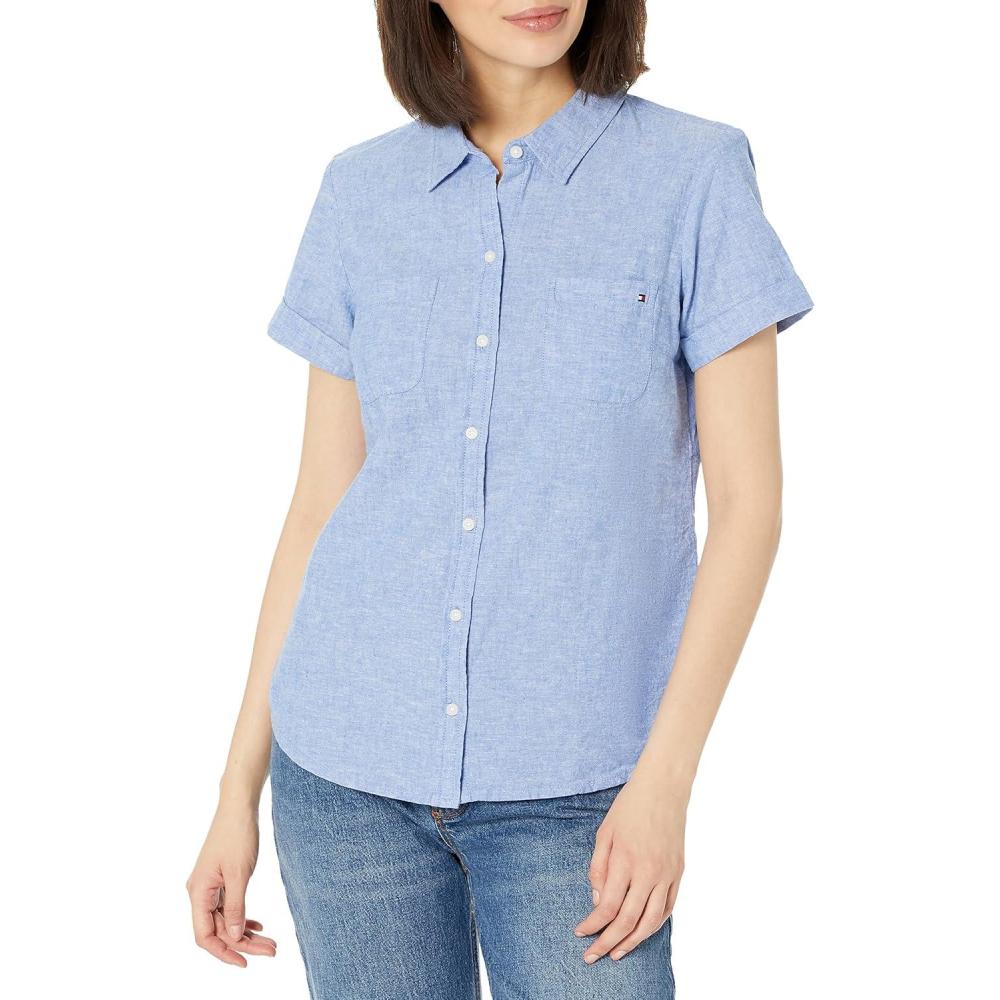 imageTommy Hilfiger Womens Linen Pocket Logo Camp ShirtChambray Blue Dye
