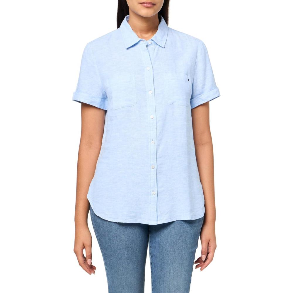 imageTommy Hilfiger Womens Linen Pocket Logo Camp ShirtLight BlueWhite