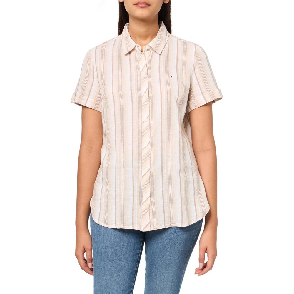 imageTommy Hilfiger Womens Linen Pocket Logo Camp ShirtTigers Eye Multi