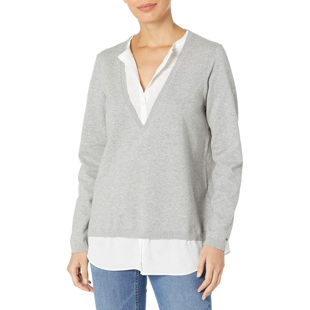 imageTommy Hilfiger Womens Long Sleeve Casual ShirtMed Htr GreyIvory