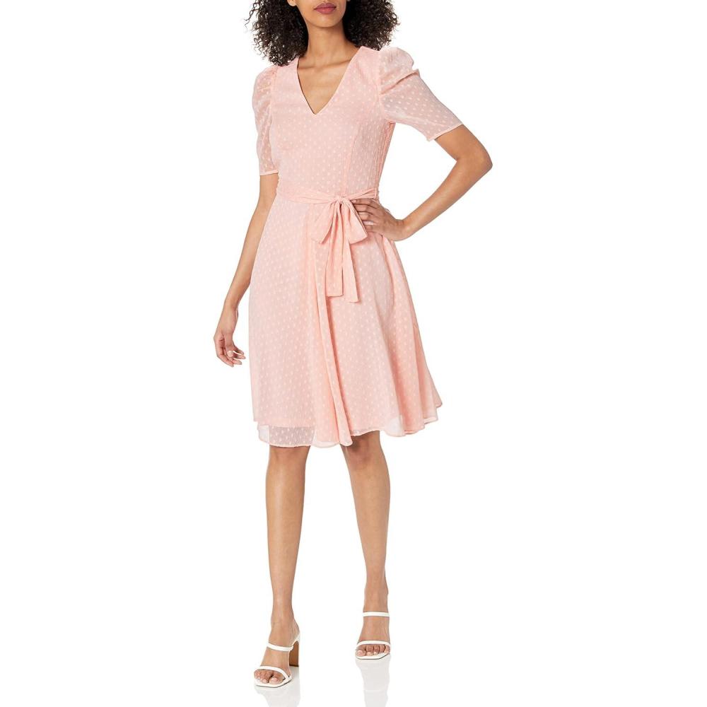 imageTommy Hilfiger Womens Puff Sleeve VNeck Tie Waist Chiffon Mini DressBallrina Pink