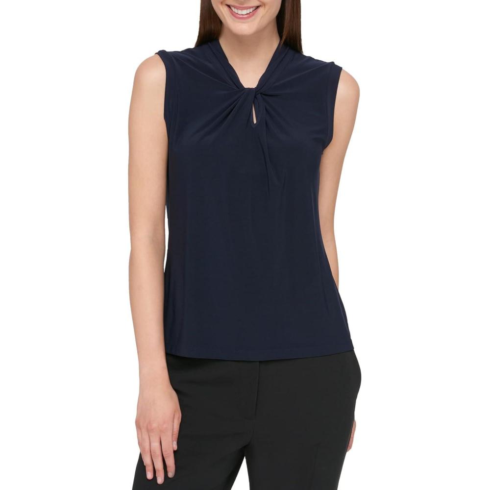 imageTommy Hilfiger Womens Sleeveless Knot Blouse  Business Casual Womens Tops with Knotted NecklineMidnight 01