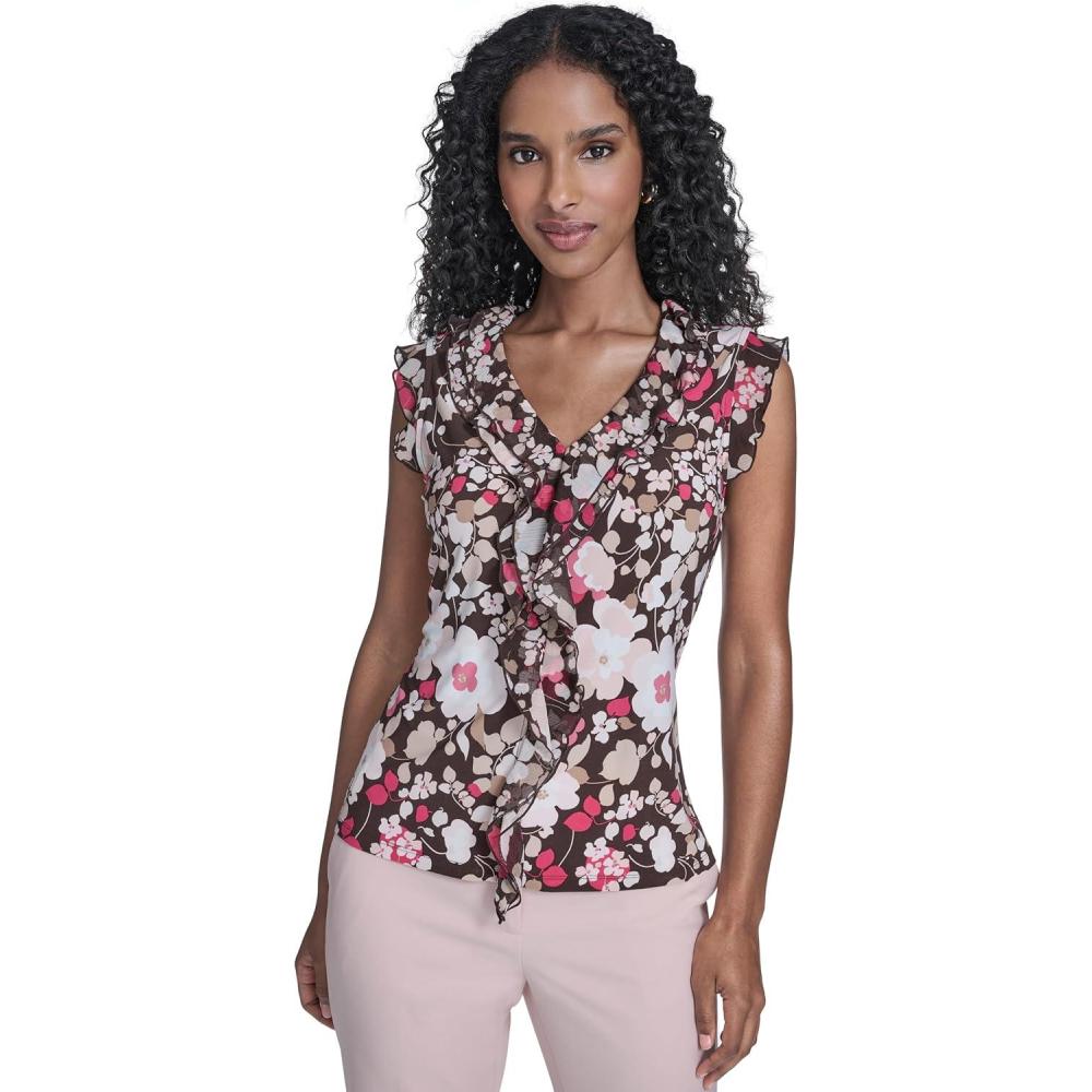 imageTommy Hilfiger Womens Sleeveless Mix Media Ruffle Front BlouseChicory Multi