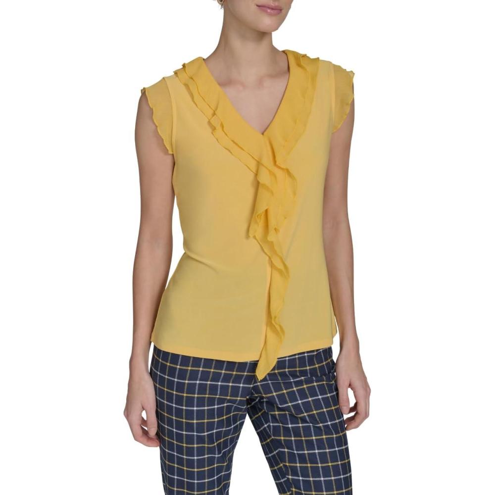 imageTommy Hilfiger Womens Sleeveless Mix Media Ruffle Front BlouseDeep Maize