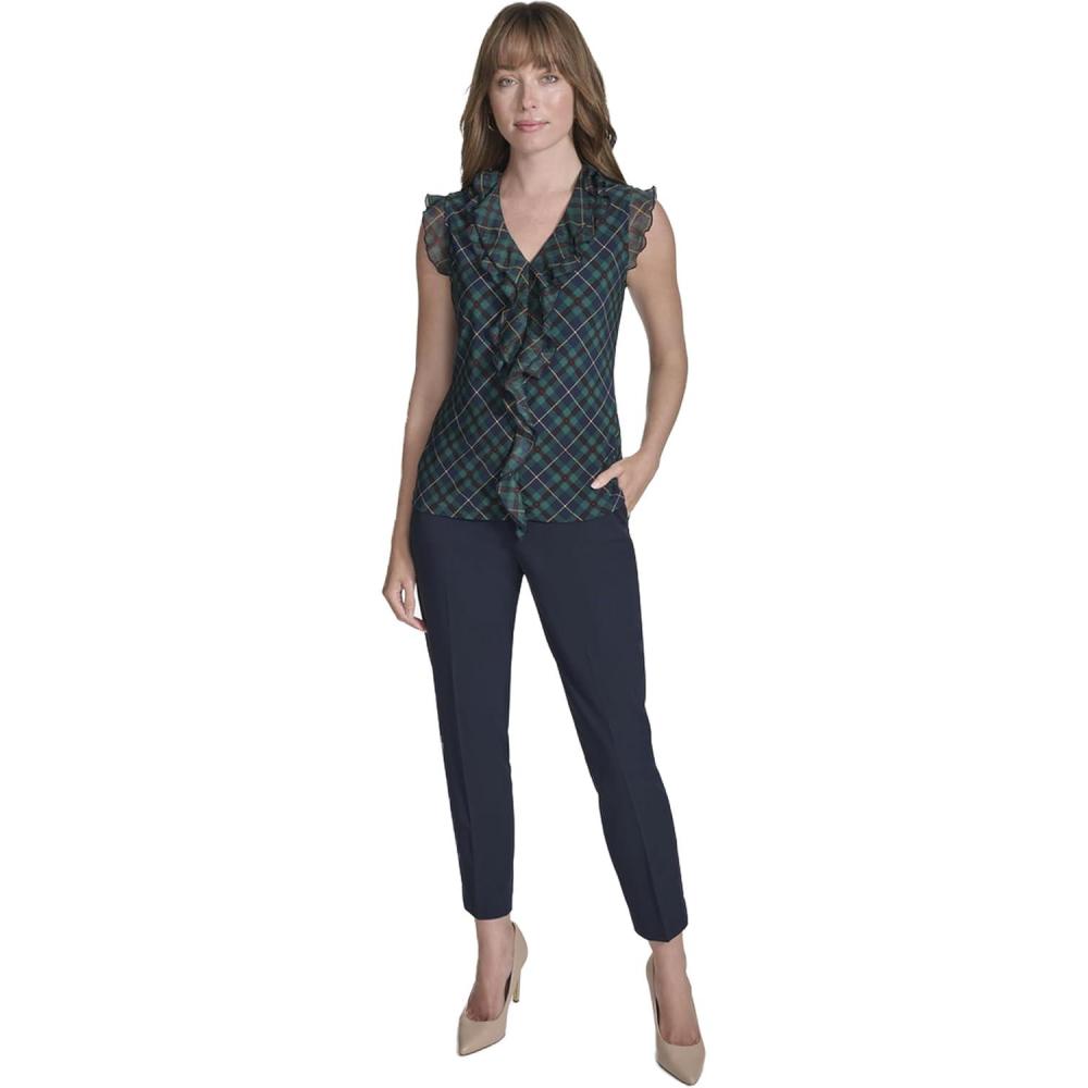 imageTommy Hilfiger Womens Sleeveless Mix Media Ruffle Front BlouseMidnightForest
