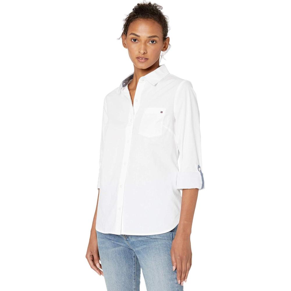 imageTommy Hilfiger Womens Solid Button Collared Shirt With Adjustable SleevesBright White