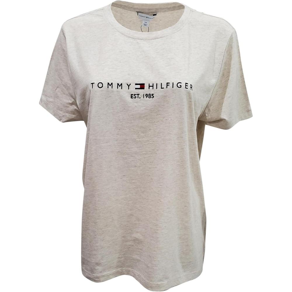 imageTommy Hilfiger Womens Striped Logo Graphic TShirtCream Heather Est 1985