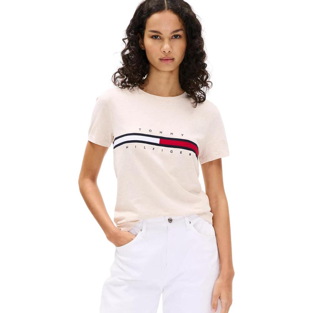 imageTommy Hilfiger Womens Striped Logo Graphic TShirtEmbroideredflag Beige Heather