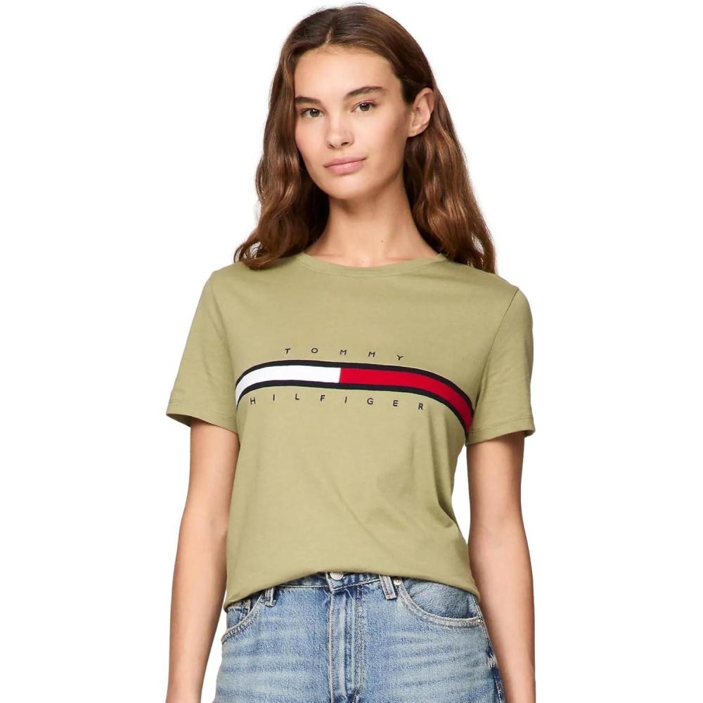 imageTommy Hilfiger Womens Striped Logo Graphic TShirtEmbroideredflag Faded Olive