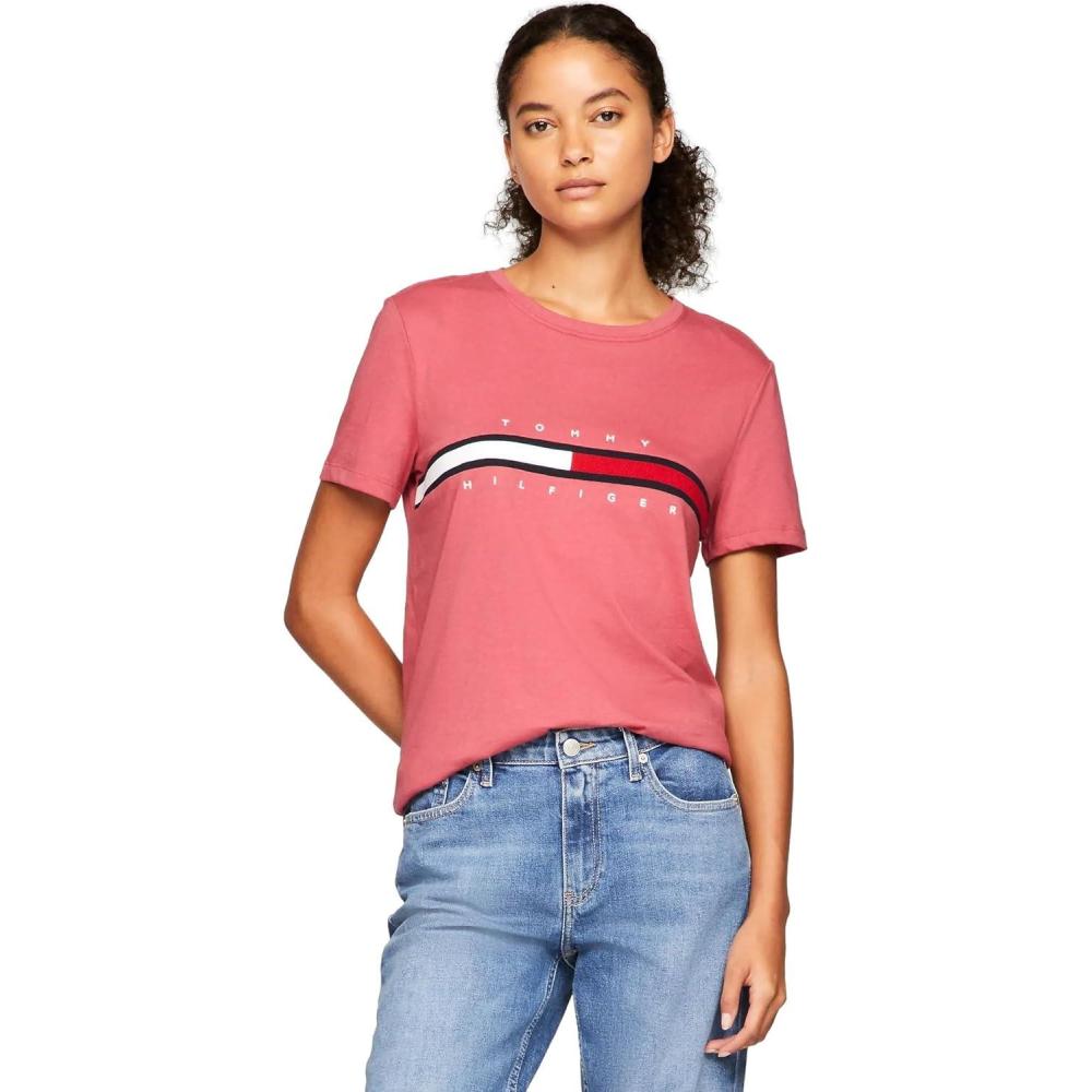 imageTommy Hilfiger Womens Striped Logo Graphic TShirtEmbroideredflag Light Crimson