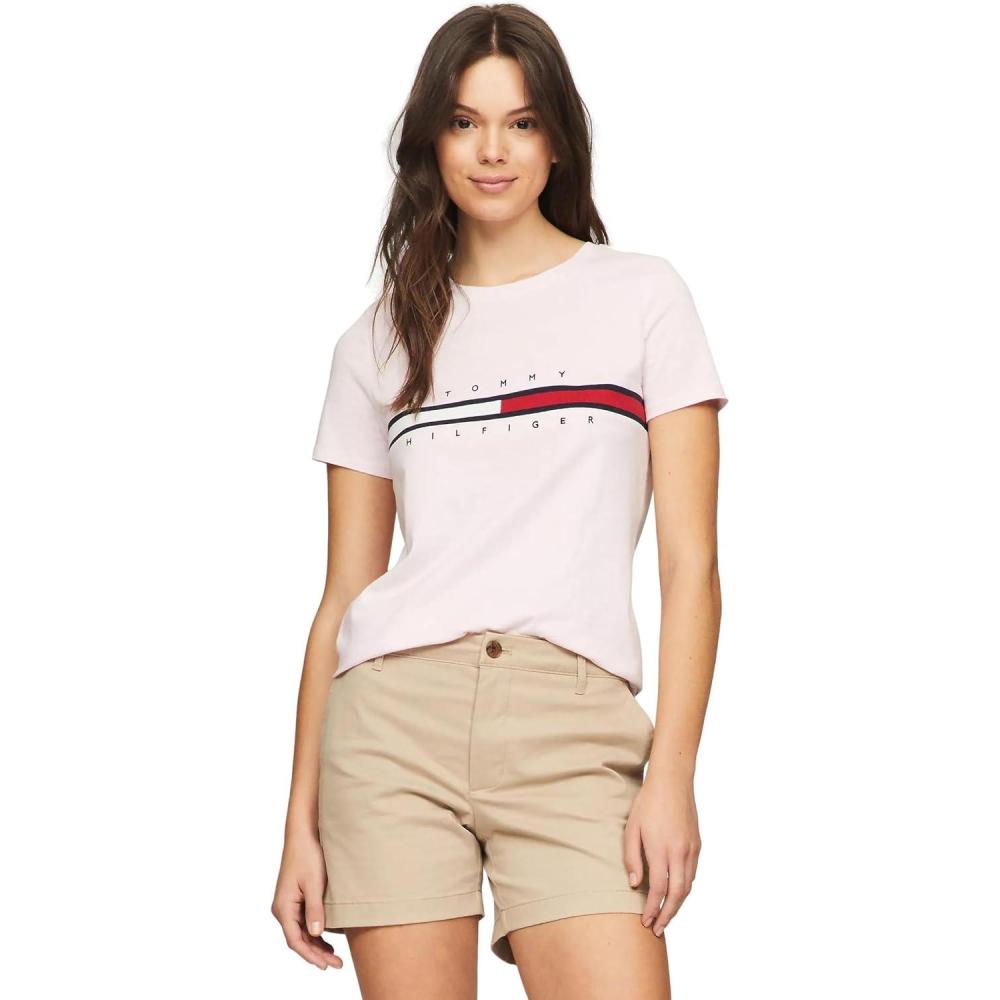 imageTommy Hilfiger Womens Striped Logo Graphic TShirtEmbroideredflag Light Pink