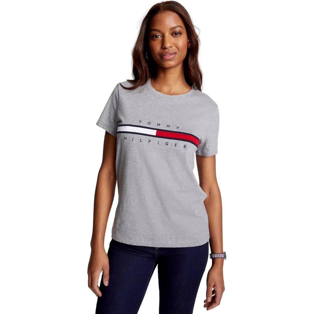 imageTommy Hilfiger Womens Striped Logo Graphic TShirtEmbroideredflag Smoke Grey Heather