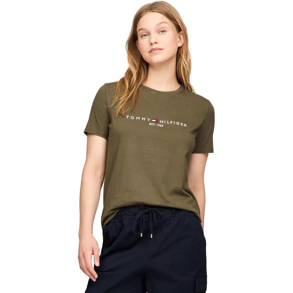 imageTommy Hilfiger Womens Striped Logo Graphic TShirtEmbroideredlogo Army Green