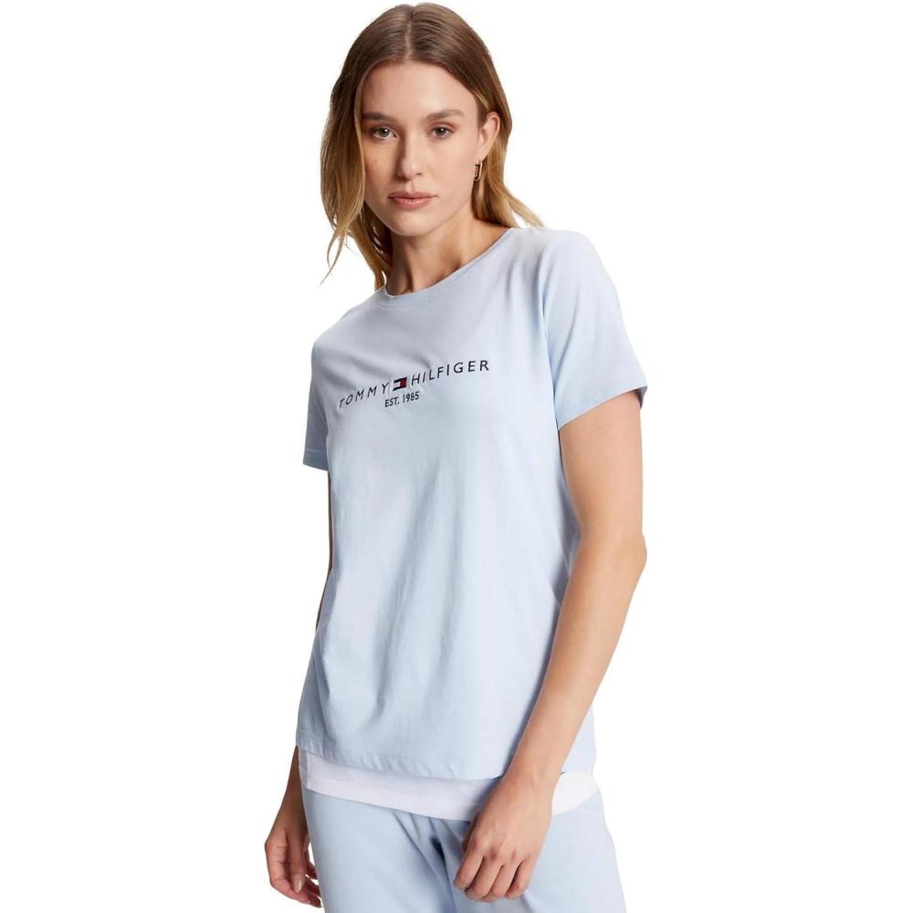 imageTommy Hilfiger Womens Striped Logo Graphic TShirtEmbroideredlogo Breezy Blue
