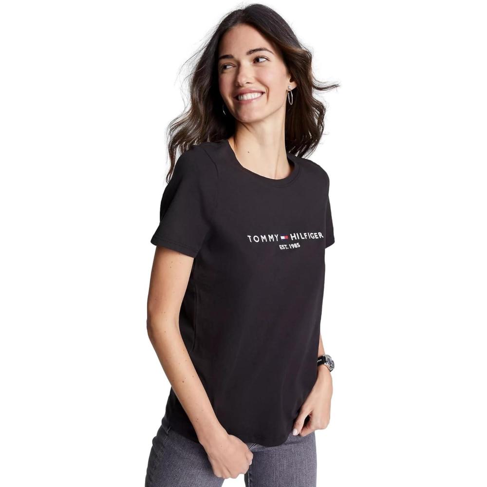 imageTommy Hilfiger Womens Striped Logo Graphic TShirtEmbroideredlogo Dark Sable Black