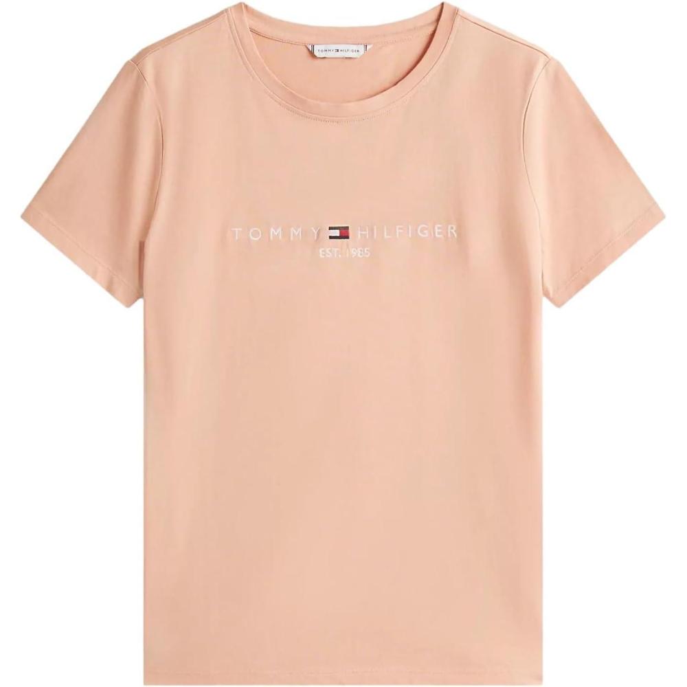 imageTommy Hilfiger Womens Striped Logo Graphic TShirtEmbroideredlogo Guava