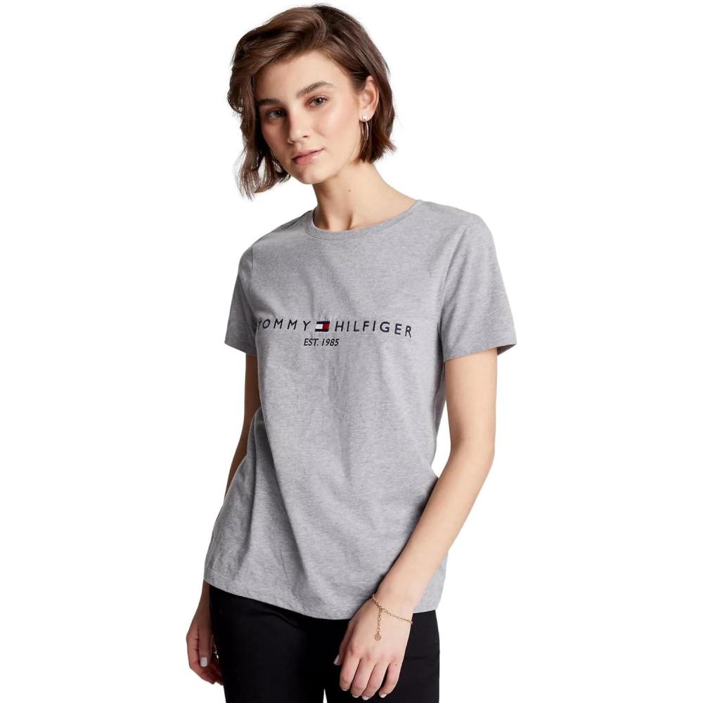 imageTommy Hilfiger Womens Striped Logo Graphic TShirtEmbroideredlogo Smoke Grey Heather