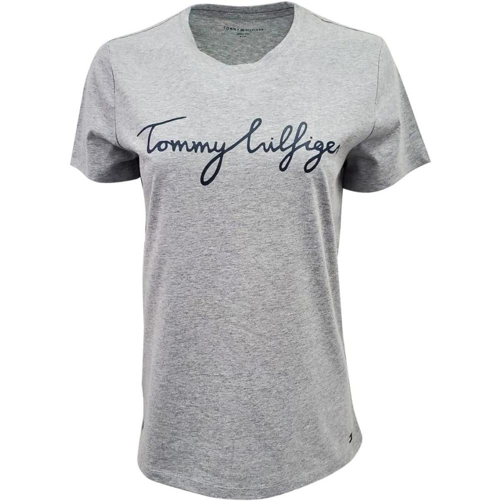 imageTommy Hilfiger Womens Striped Logo Graphic TShirtGrey Script Logo