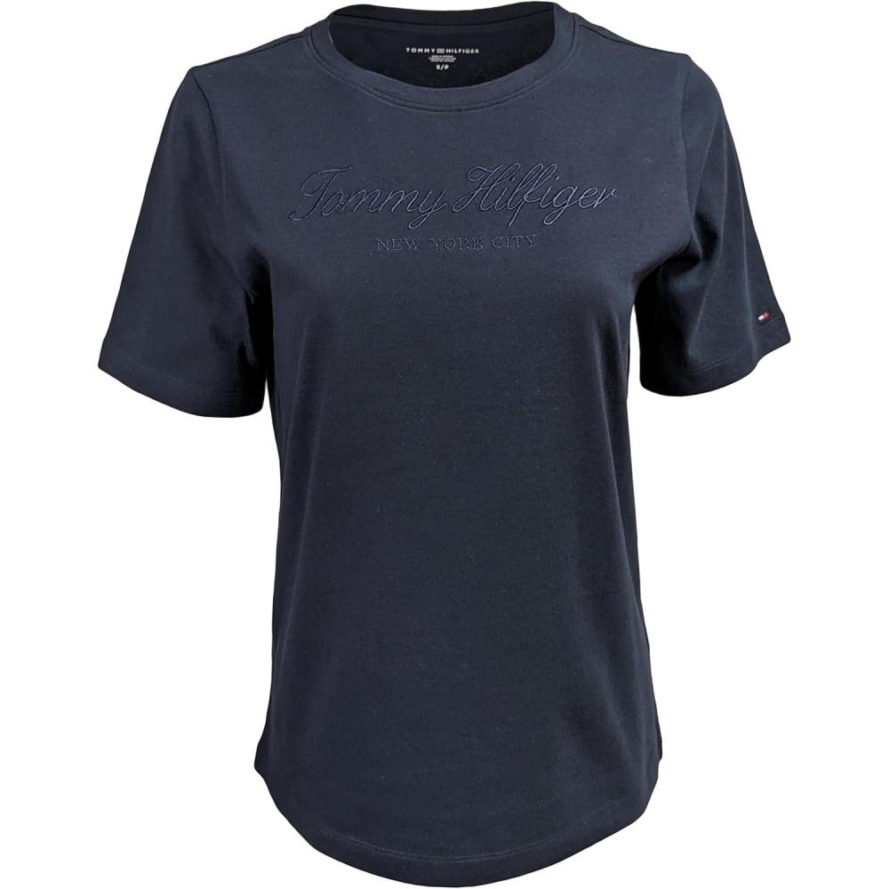 imageTommy Hilfiger Womens Striped Logo Graphic TShirtNavy