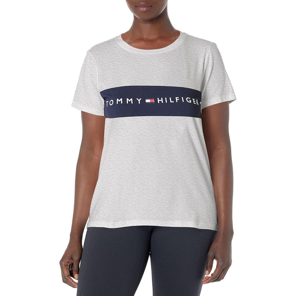 imageTommy Hilfiger Womens Striped Logo Graphic TShirtPearl Heather Grey