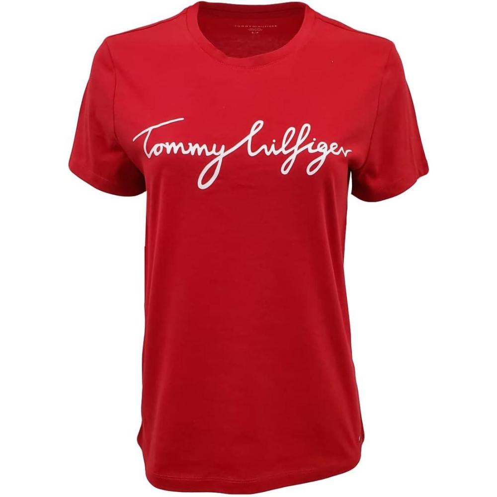 imageTommy Hilfiger Womens Striped Logo Graphic TShirtRed Script Logo